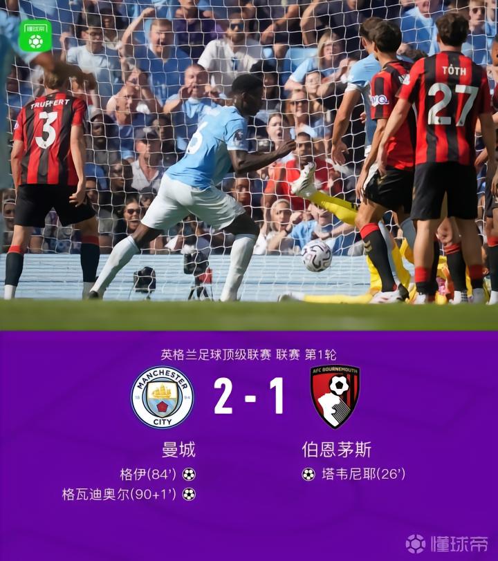 曼城2-1伯恩茅斯：格瓦迪奥尔绝杀，格伊头球扳平